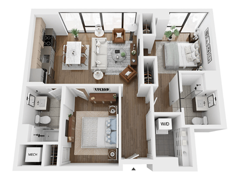 a 3d floor plan of a living room with a bedroom